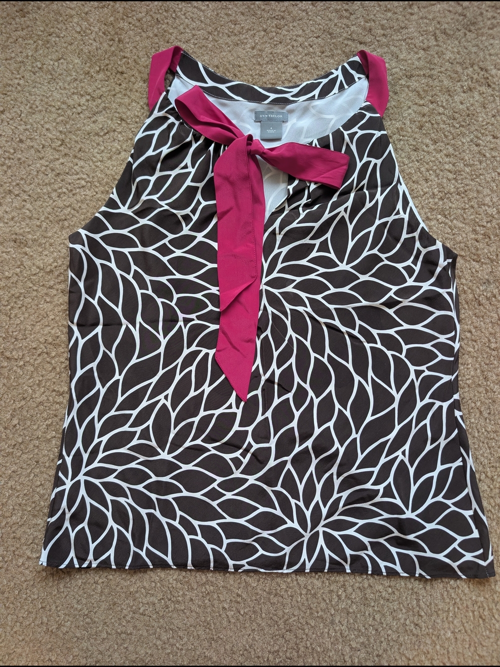 Vintage Ann Taylor Silk Top -Brown, White, Fushia - Size 6
